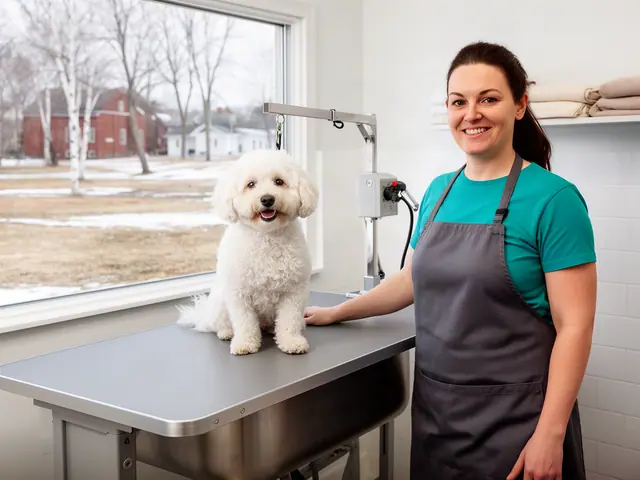 A smiling dog groomer beside her new grooming table and tub with a fluffy white dog.
