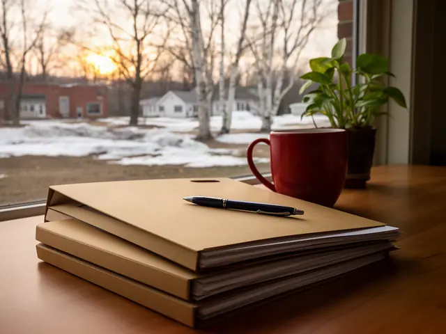 Closed kraft folders with a pen on a desk by a window onto birches and melting snow.